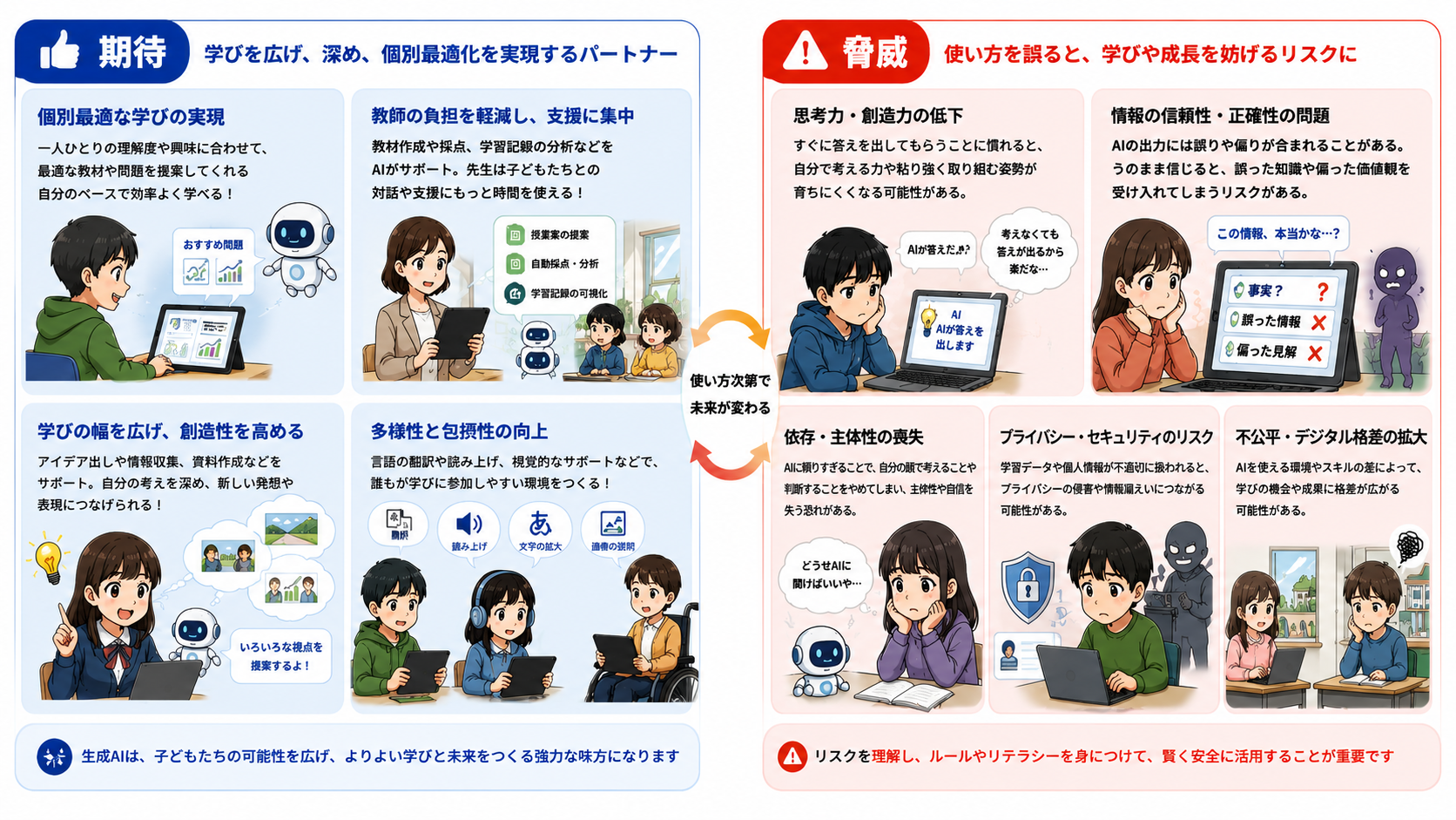 教育における生成AIへの期待と脅威を対比した図
