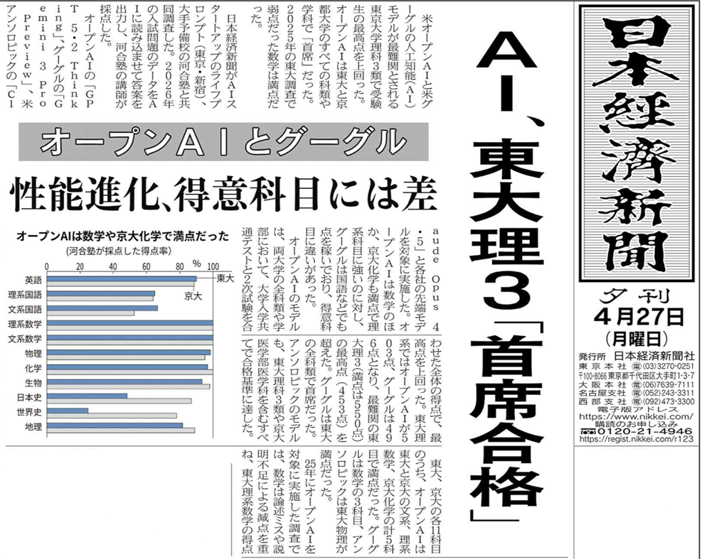 日本経済新聞夕刊 AI、東大理3「首席合格」記事